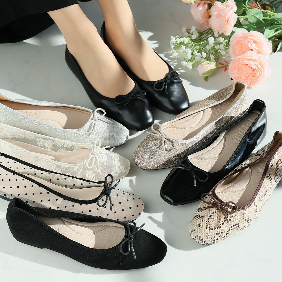 2026年春再販】スクエアトゥソフトタッチフラットバレエシューズ ｜靴