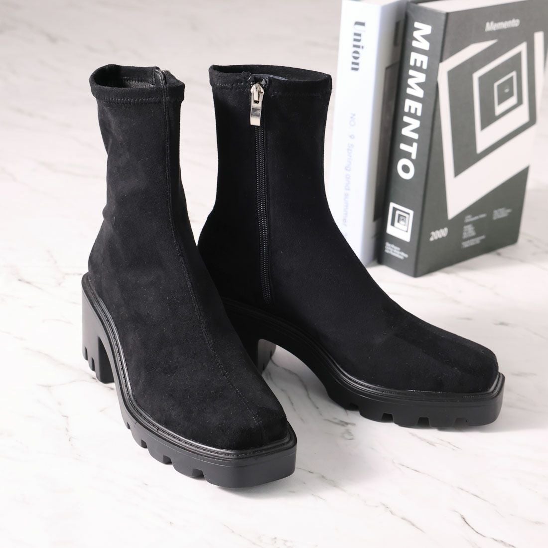 スクエアトゥ厚底ストレッチショートブーツ ｜靴・レディースシューズ