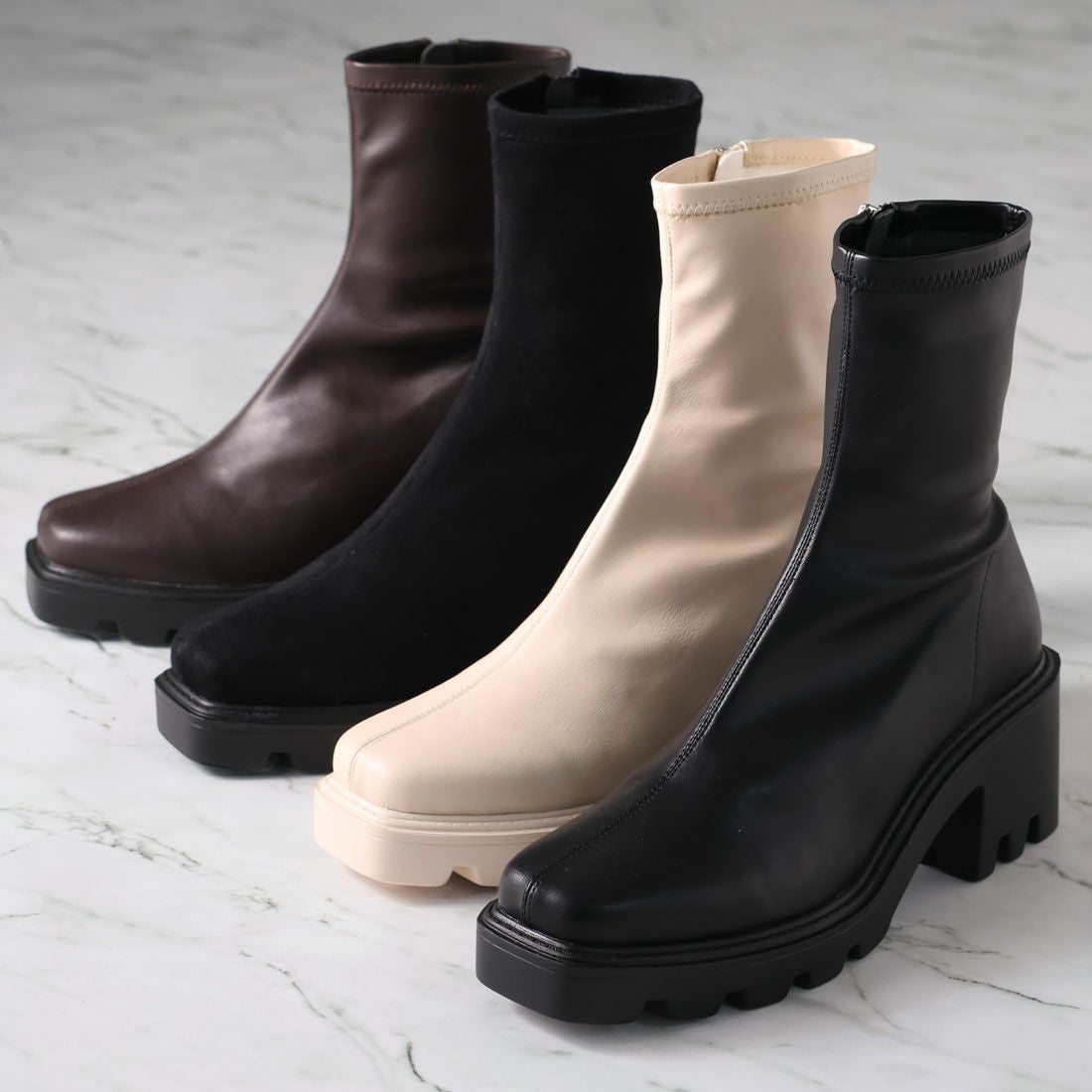 Square Boots スクエアブーツ 厚底 モード スクエアトゥ厚底ストレッチショートブーツ ｜靴・レディースシューズ