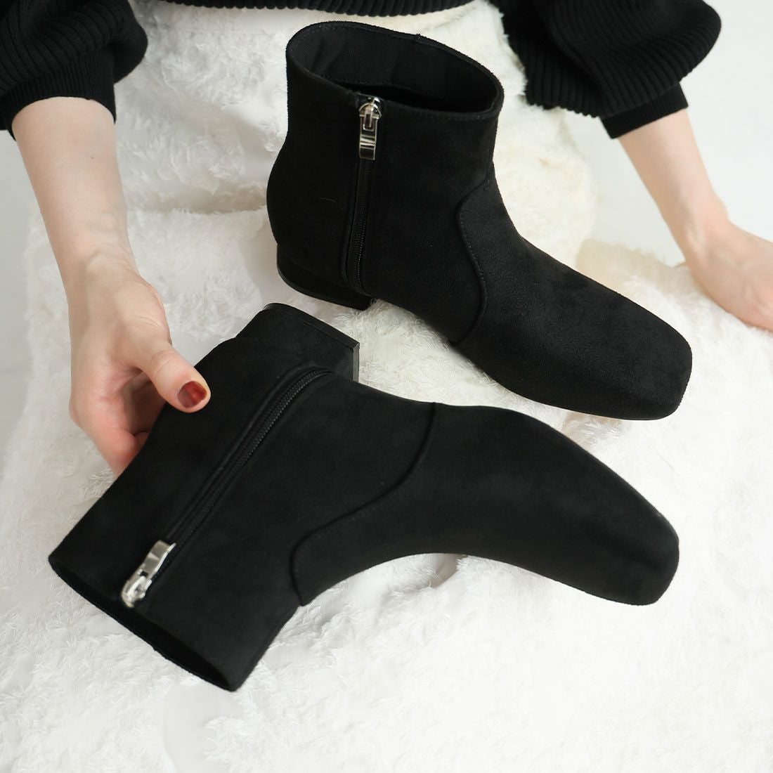 2025年新色追加】スクエアトゥシンプルローヒールショートブーツ ｜靴