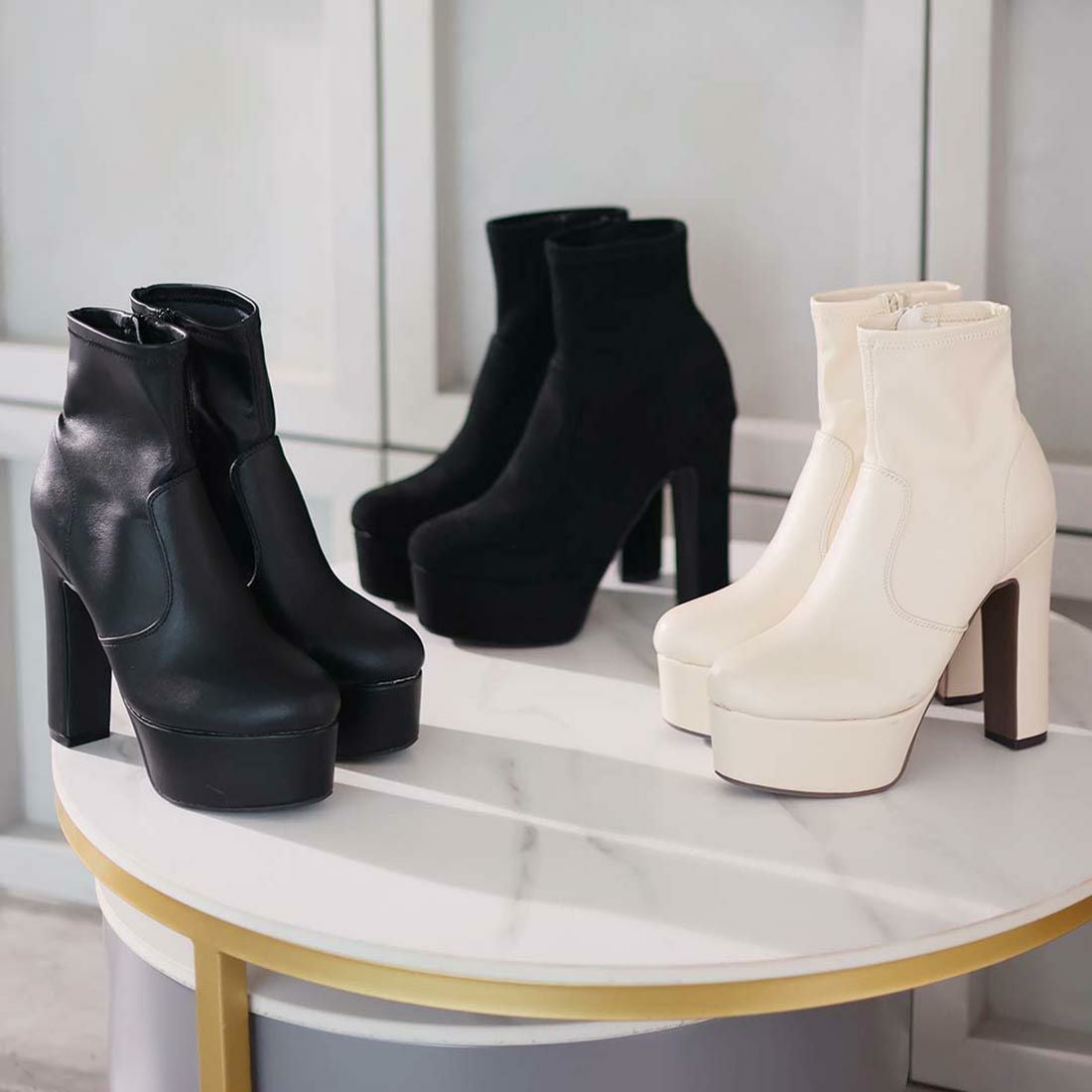 プラットフォームストレッチショートブーツ ｜靴・レディースシューズ