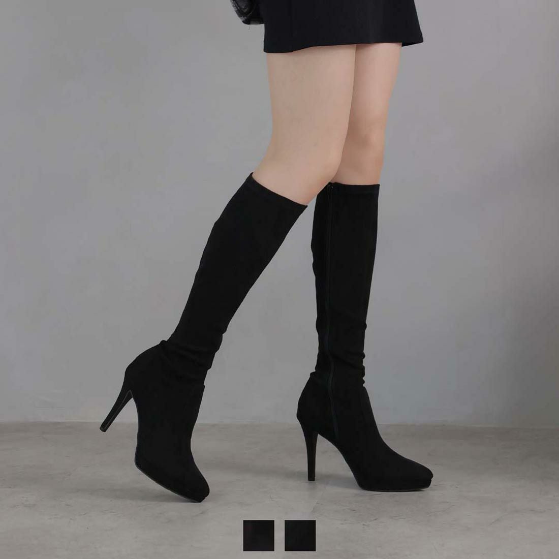 ポインテッドトゥプラットフォームストレッチロングブーツ ｜靴