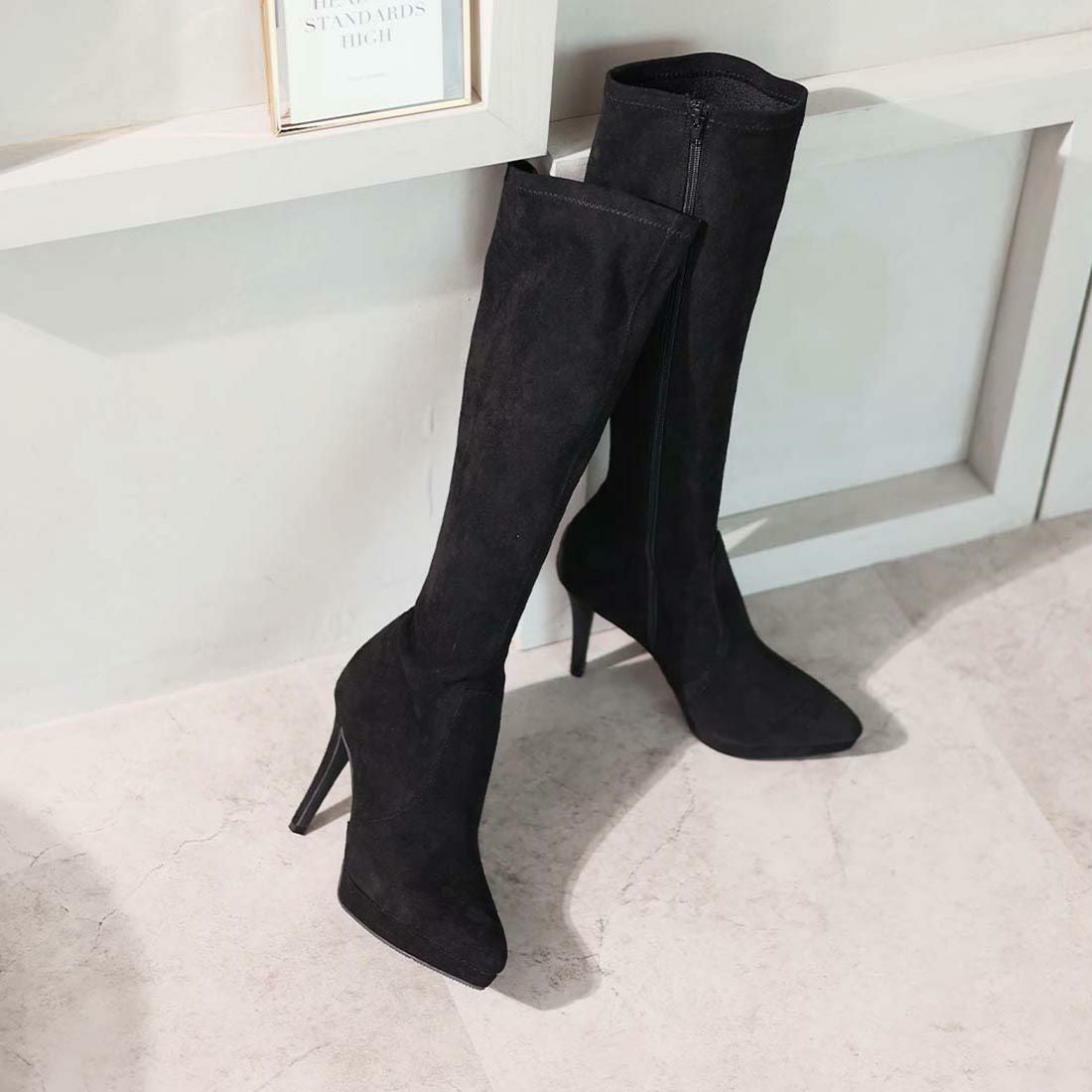ポインテッドトゥプラットフォームストレッチロングブーツ ｜靴