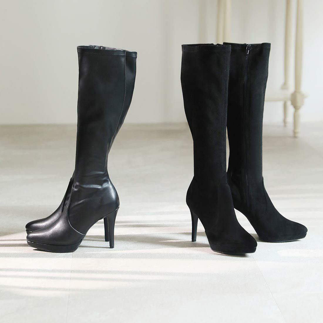 ポインテッドトゥプラットフォームストレッチロングブーツ ｜靴