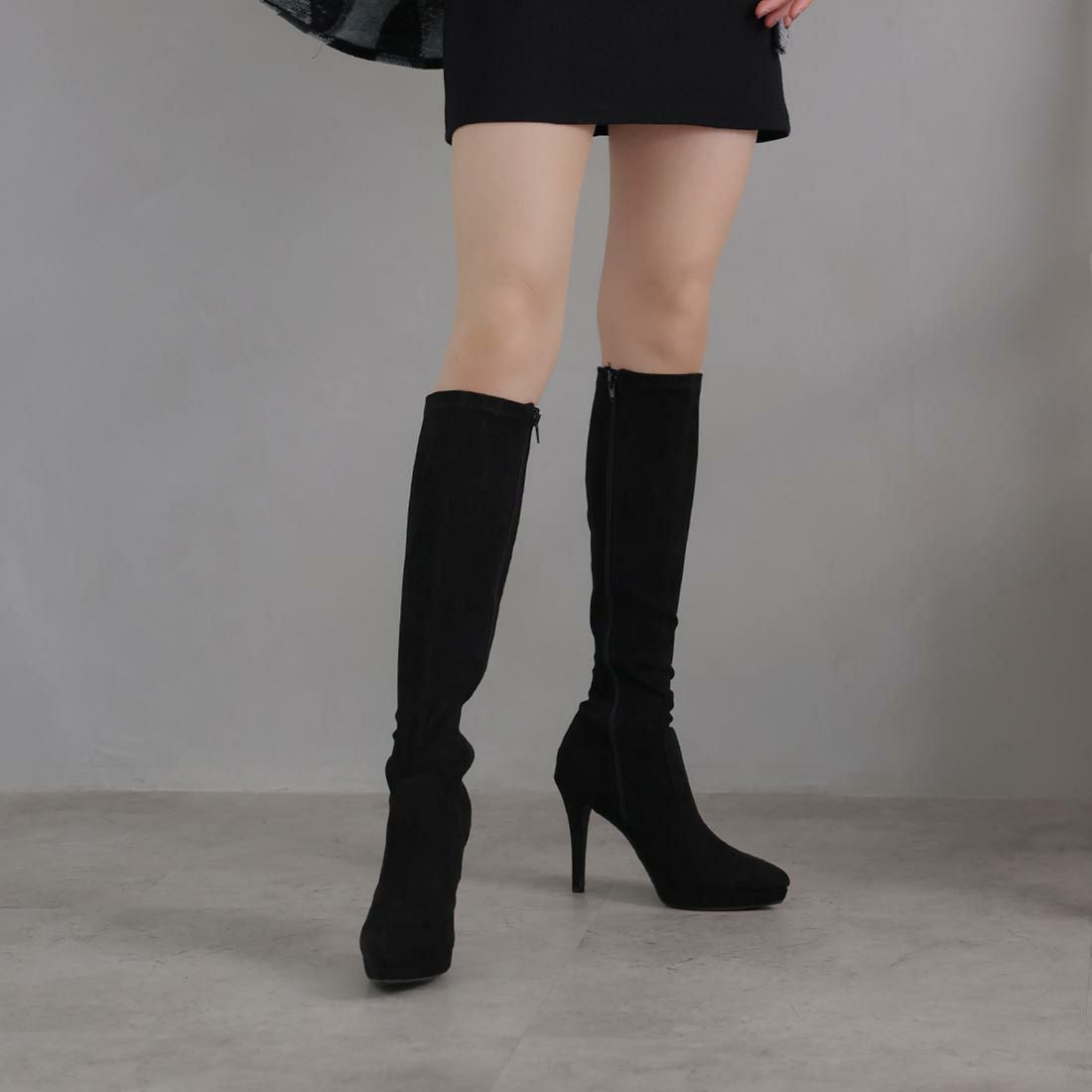 ポインテッドトゥプラットフォームストレッチロングブーツ ｜靴