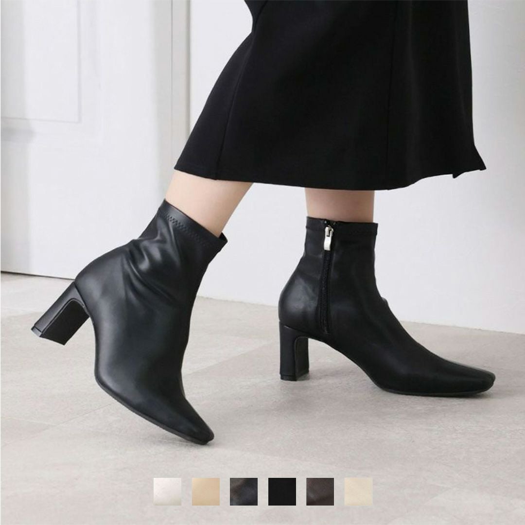2025年新色追加】スクエアトゥプレートヒールストレッチショートブーツ