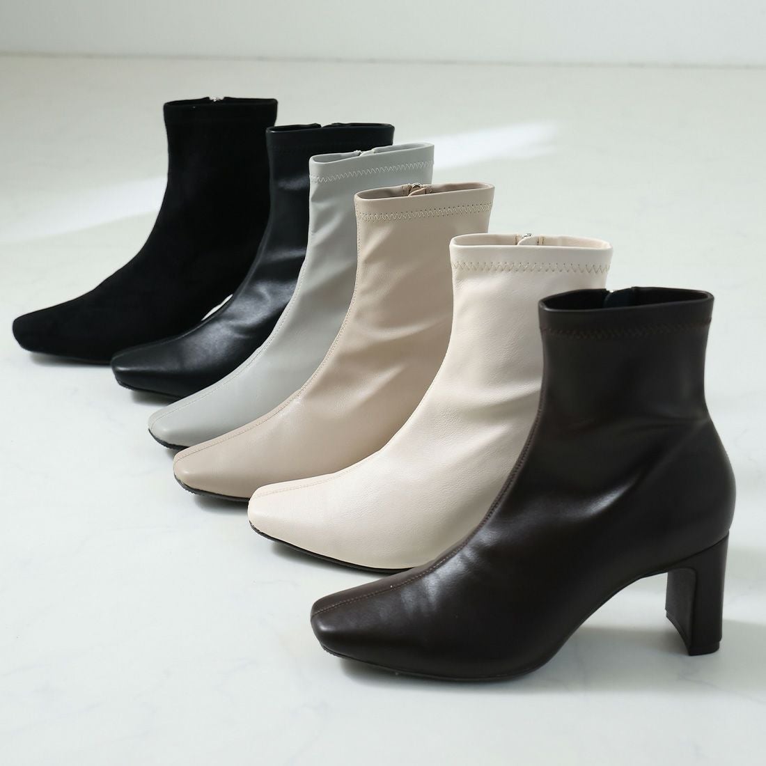 2025年新色追加】スクエアトゥプレートヒールストレッチショートブーツ