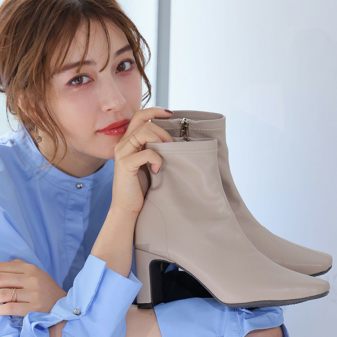 2025年新色追加】スクエアトゥプレートヒールストレッチショートブーツ
