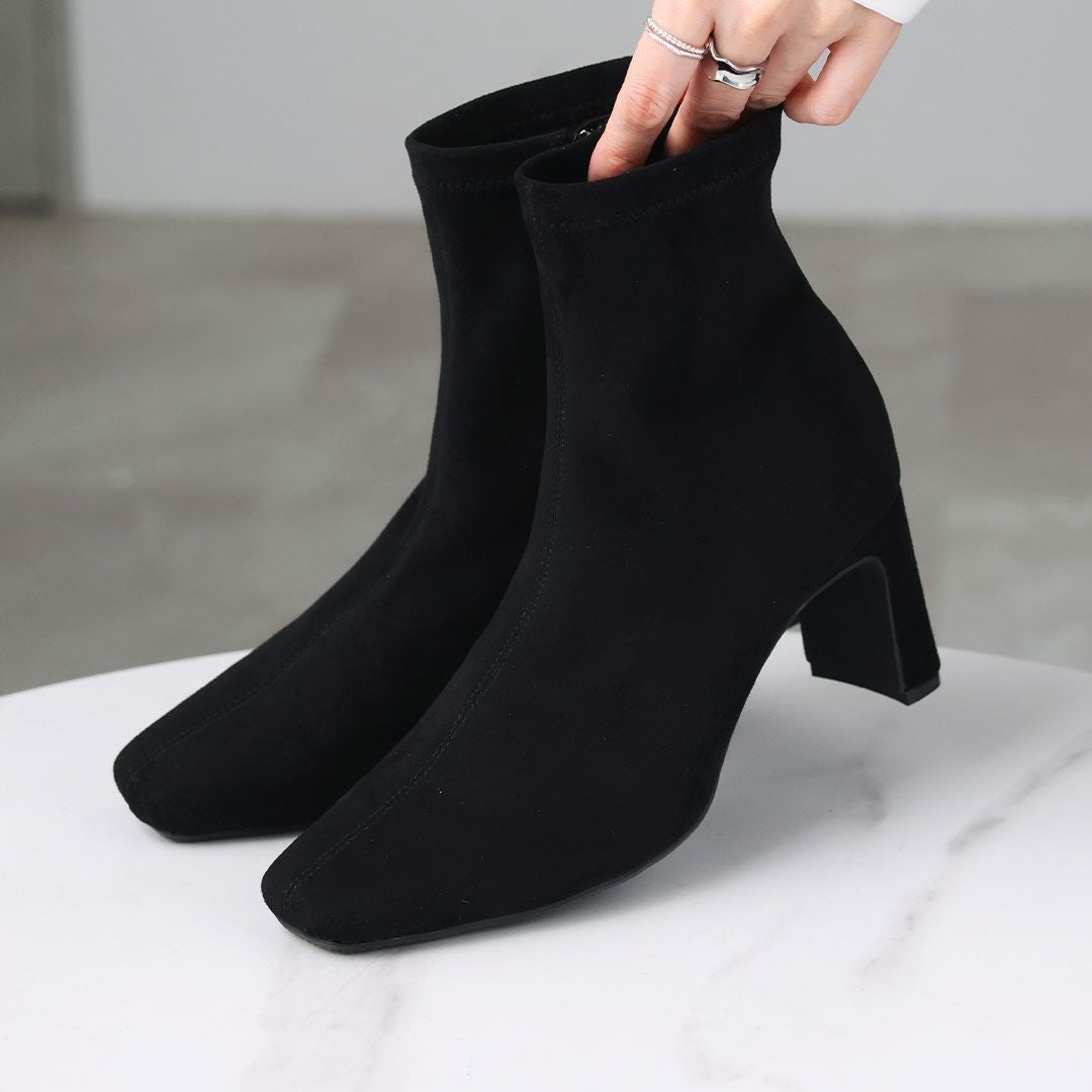 2025年新色追加】スクエアトゥプレートヒールストレッチショートブーツ