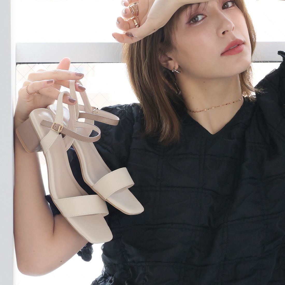 2026年夏新色】スクエアトゥ4cmヒールアンクルストラップサンダル ｜靴