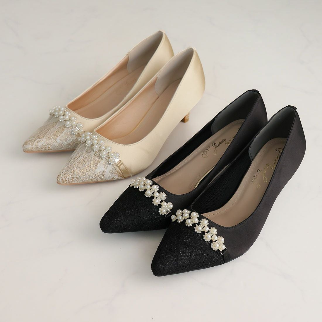 ビジューパール飾りグリッターレースパンプス ｜靴・レディース