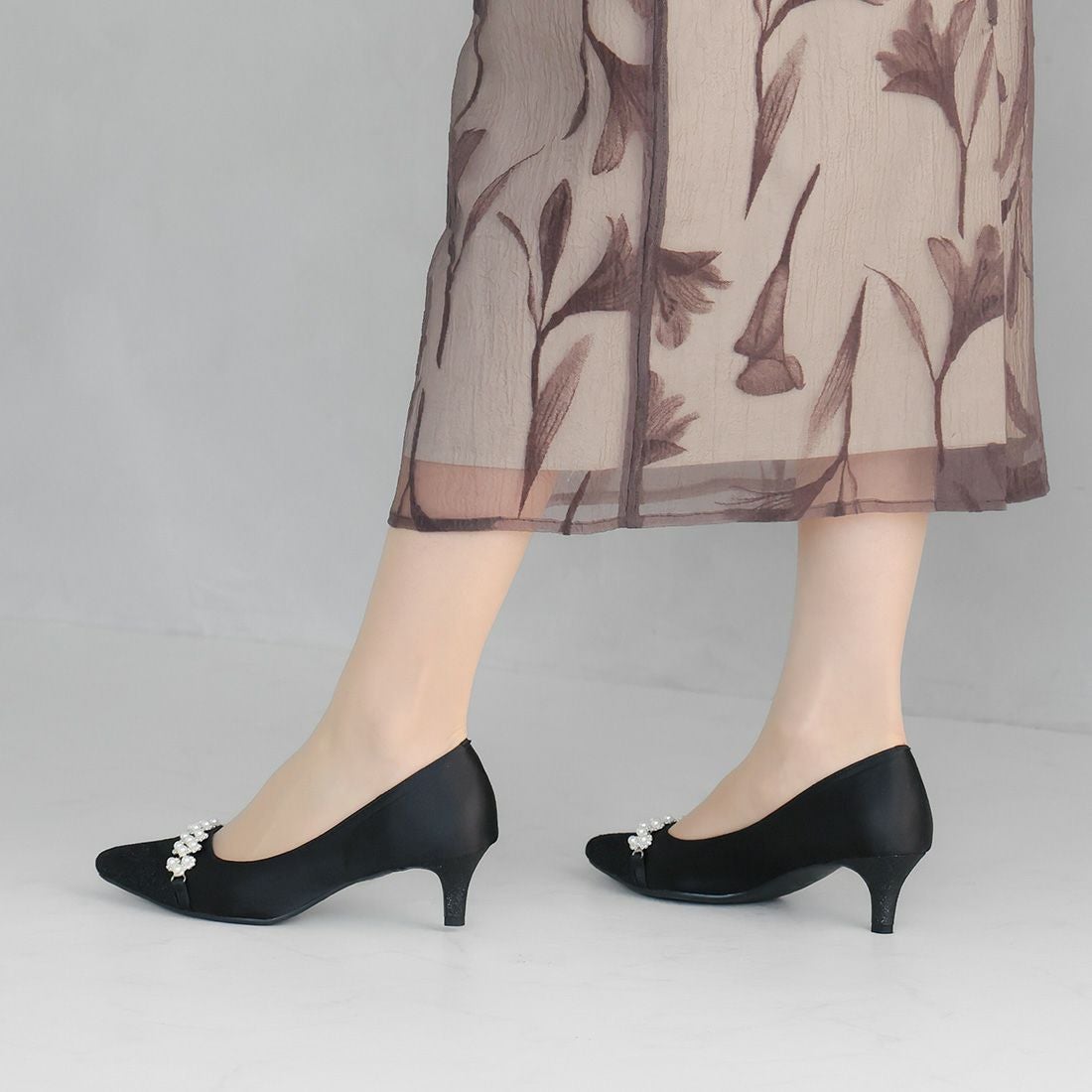 ビジューパール飾りグリッターレースパンプス ｜靴・レディース