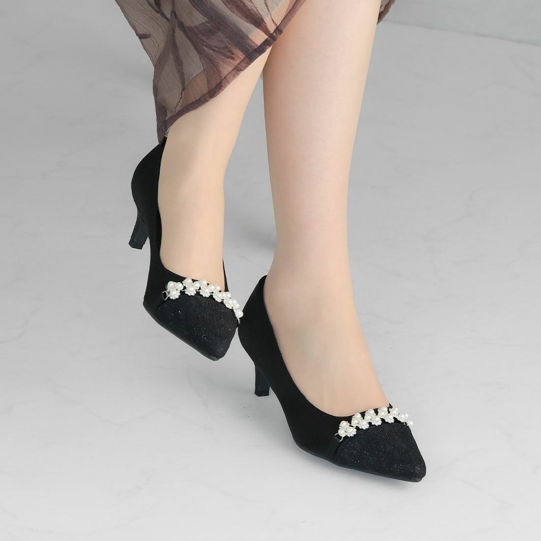 ビジューパール飾りグリッターレースパンプス ｜靴・レディース