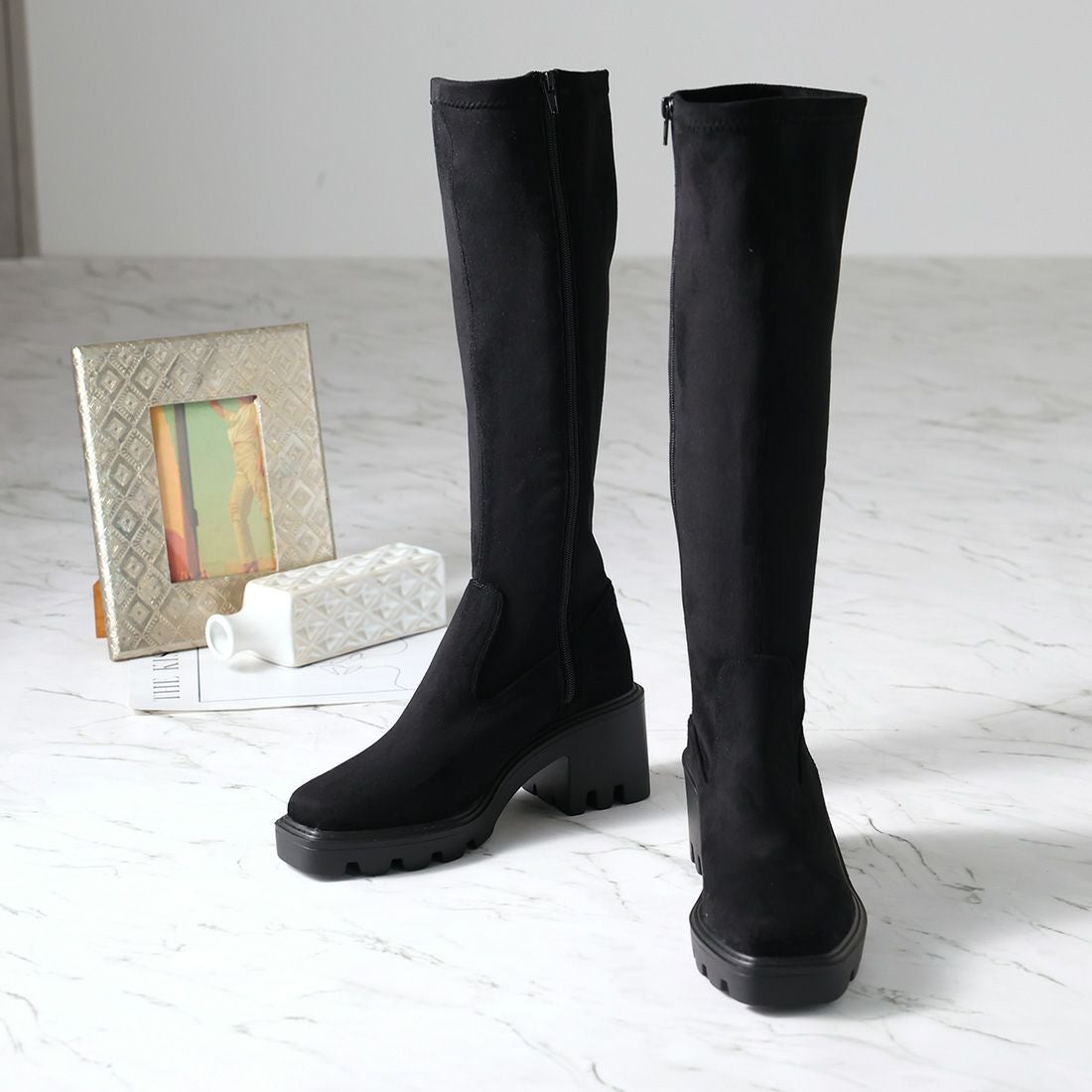 スクエアトゥ厚底ストレッチロングブーツ ｜靴・レディースシューズの