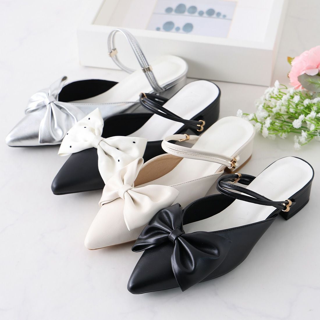 2026年春新色追加】2WAYポインテッドトゥリボンストラップミュール