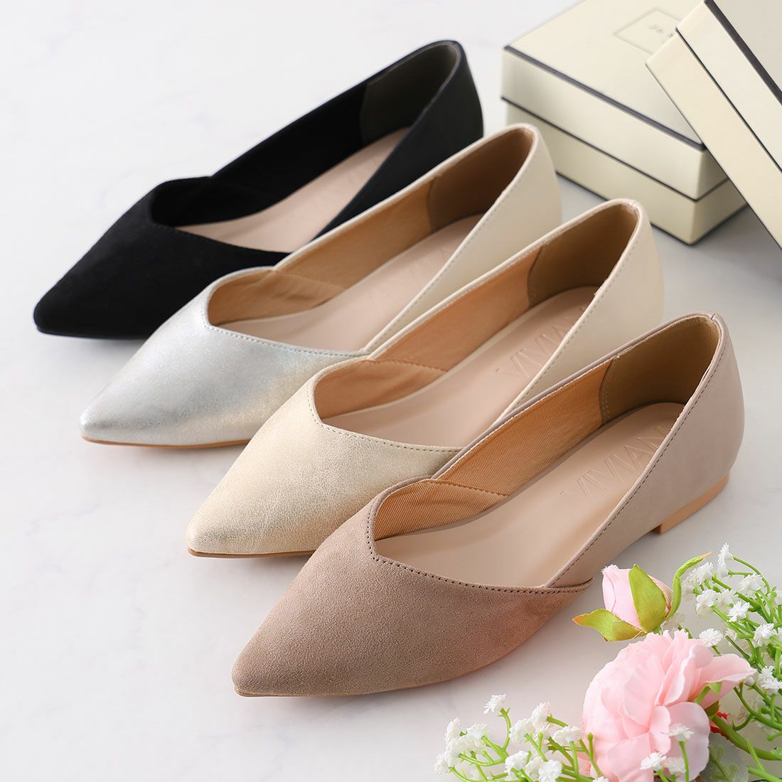 2026年春新色追加】ポインテッドトゥVカット切り替えデザインフラット