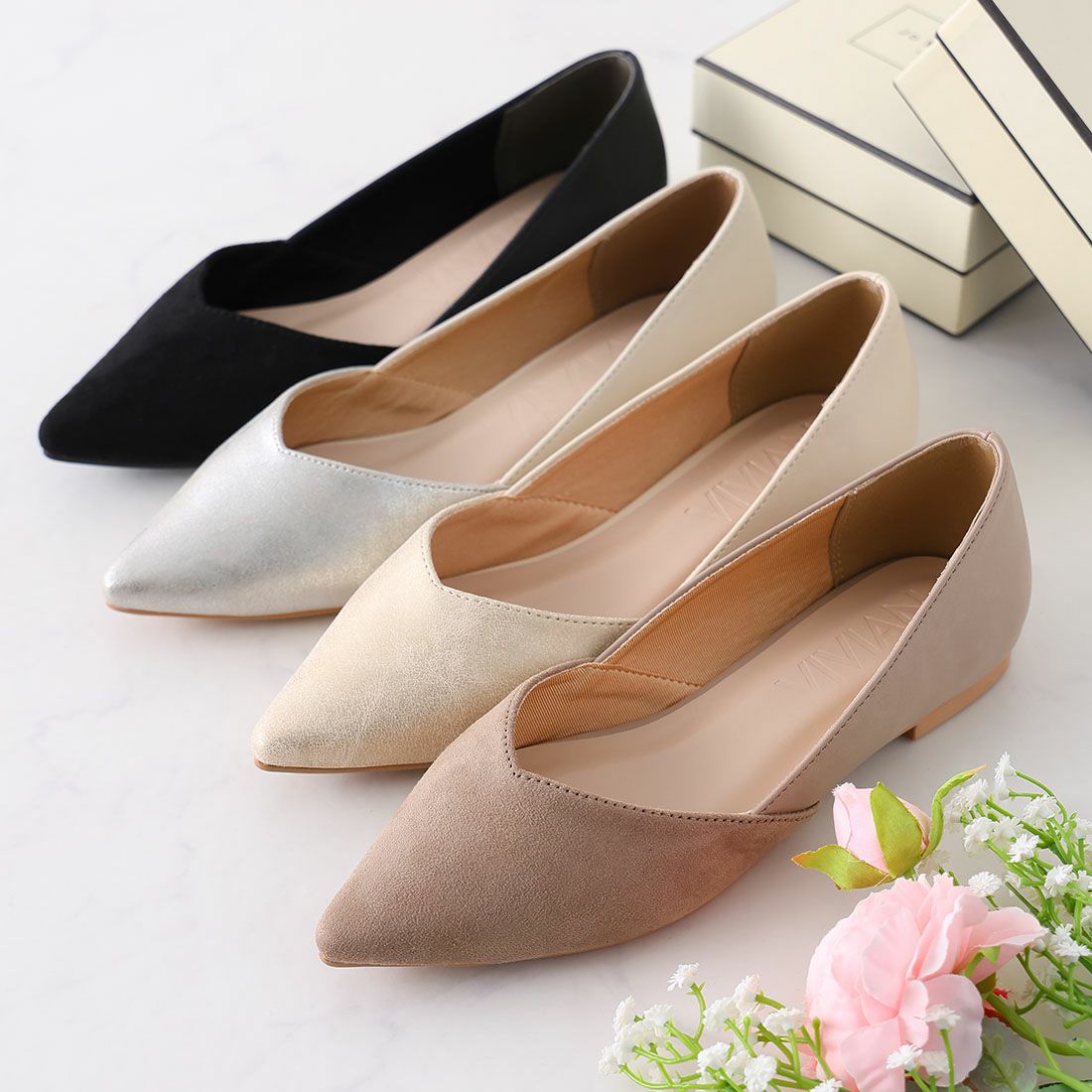 2026年春新色追加】ポインテッドトゥVカット切り替えデザインフラット