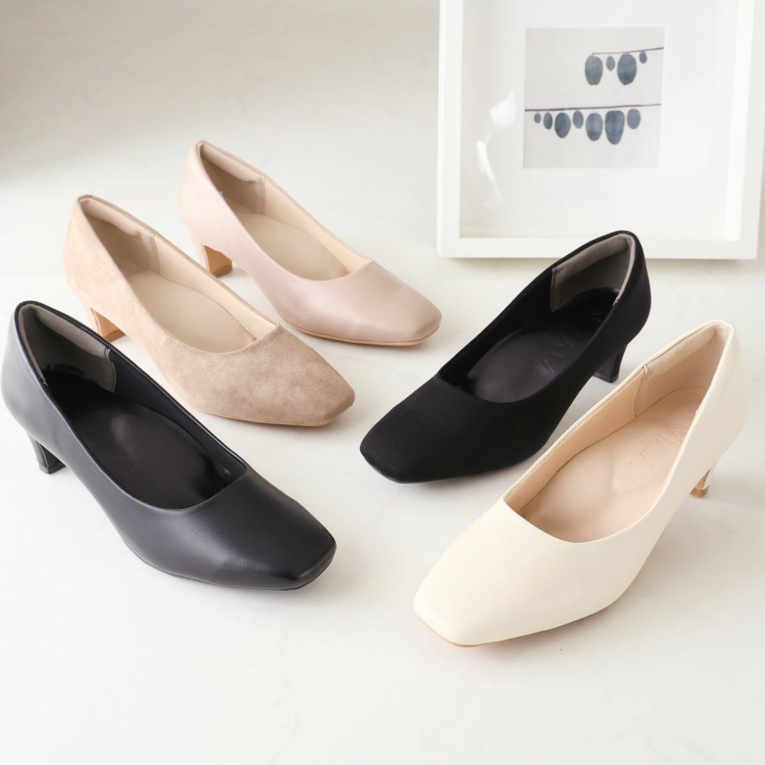 履き心地やみつき感激】スクエアトゥ5cmプレートヒール感激パンプス