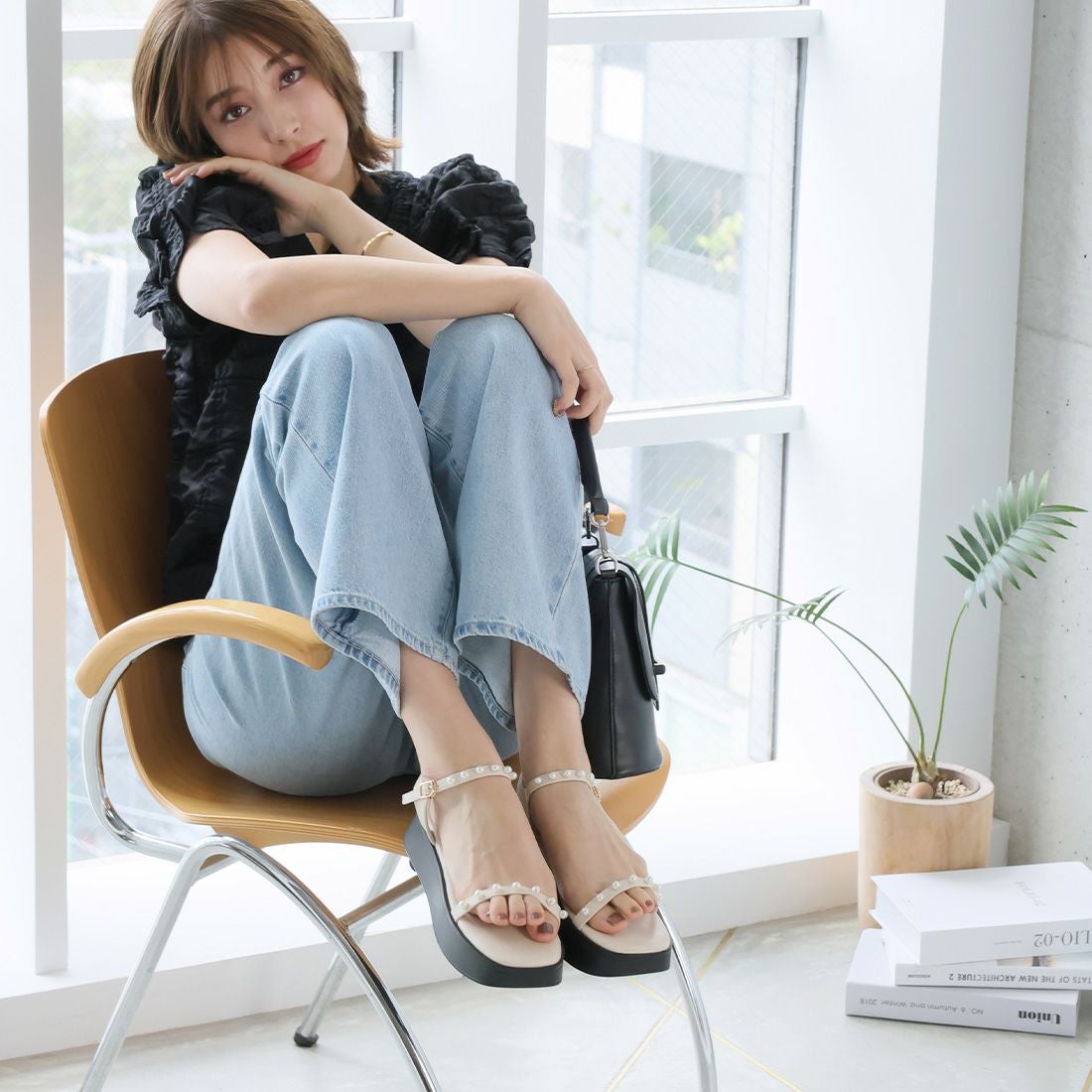 厚底パールアンクルストラップサンダル ｜靴・レディースシューズの