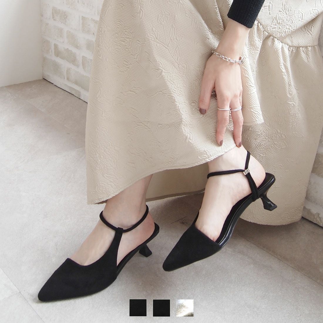 ポインテッドトゥアシメデザインストラップパンプス ｜靴・レディース