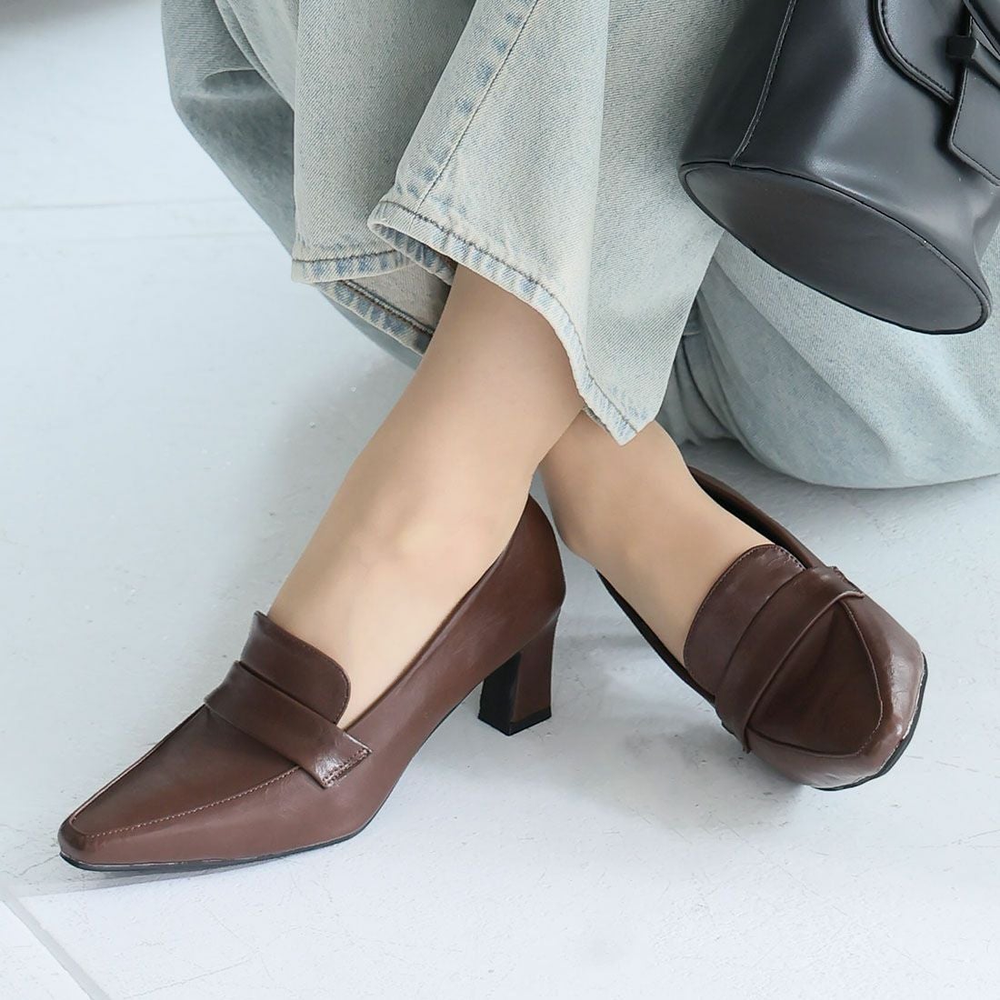 2026年春新色】スクエアトゥデザインヒールローファーパンプス ｜靴