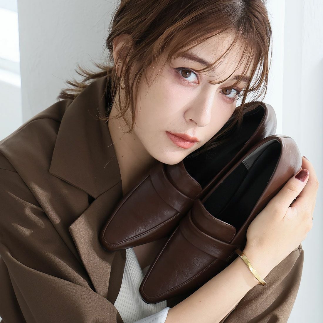 2026年春新色】スクエアトゥデザインヒールローファーパンプス ｜靴