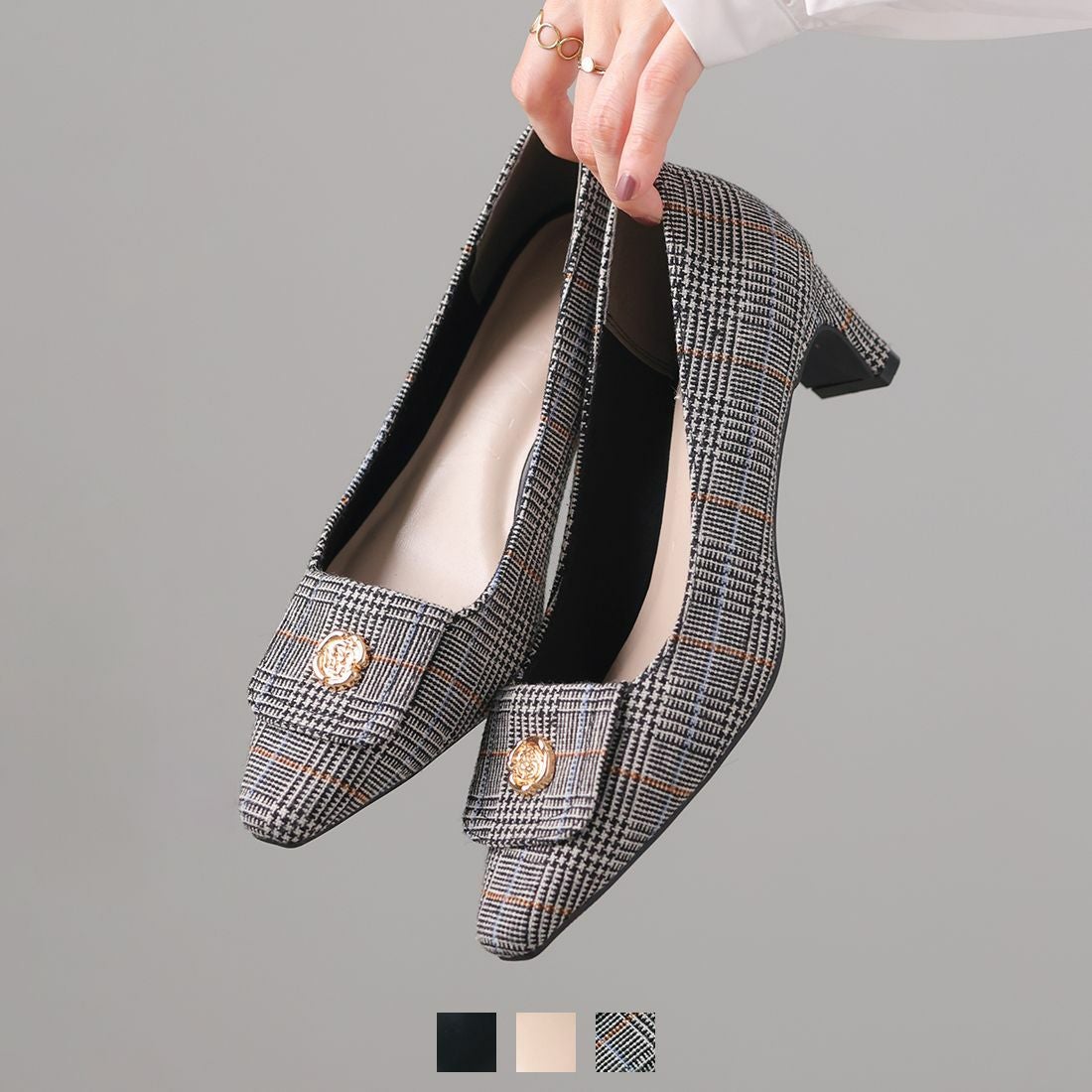 スクエアトゥゴールドパーツプレートヒールパンプス ｜靴・レディース