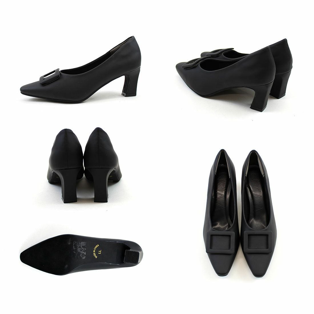 スクエアトゥデザインヒールバックルモチーフパンプス ｜靴