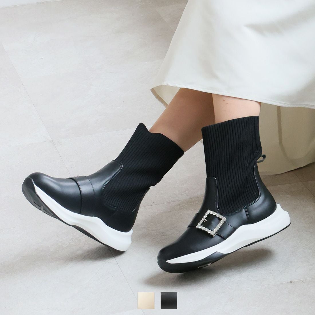 厚底ビジューバックルニットスニーカーブーツ ｜靴・レディース