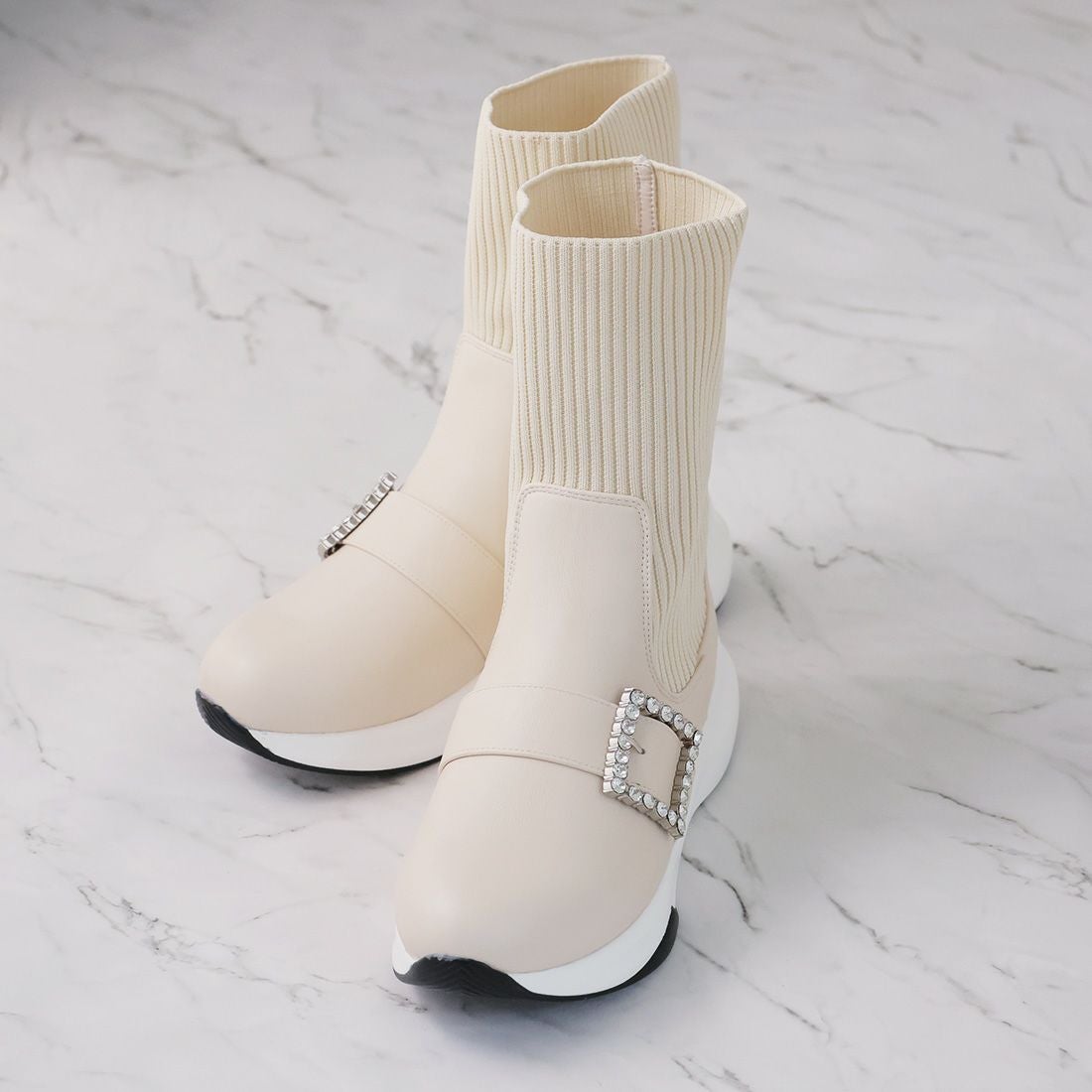 【未使用品】アデランス　シフォレヴィヴィアン 厚底ビジューバックルニットスニーカーブーツ ｜靴・レディース