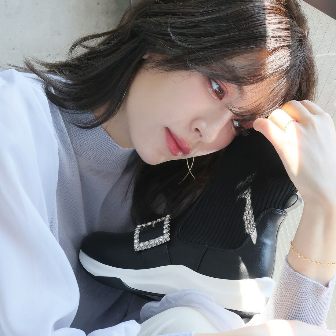 厚底ビジューバックルニットスニーカーブーツ ｜靴・レディース