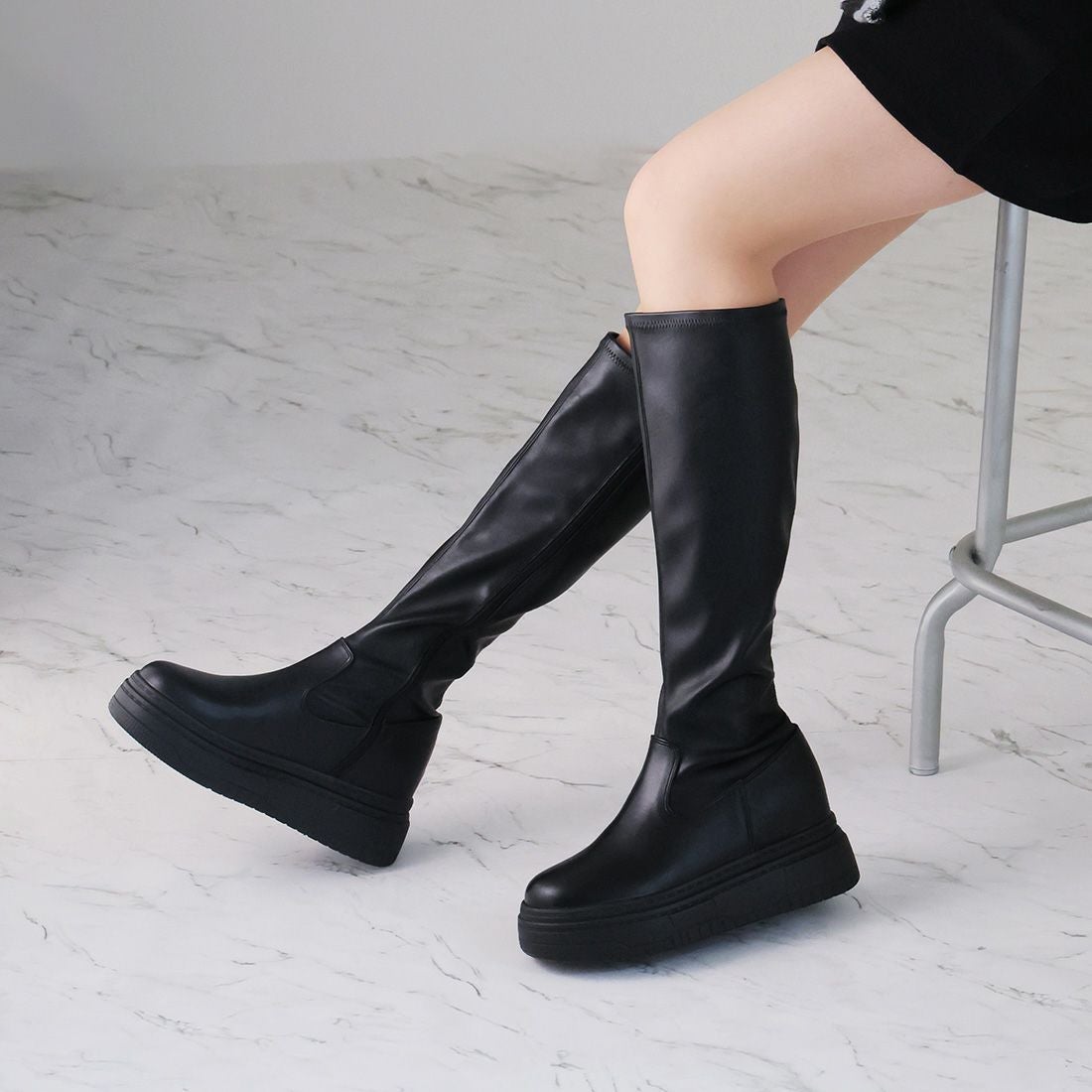 厚底ボリュームソールストレッチロングブーツ ｜靴・レディース