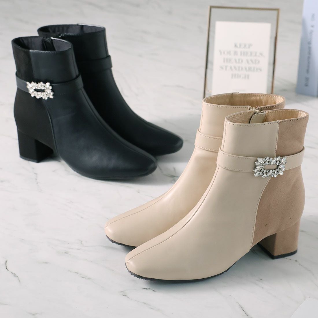 スクエアトゥビジューバックルショートブーツ ｜靴・レディース