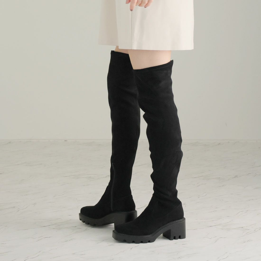 公式ストア/ZOZO限定】スクエアトゥ厚底ストレッチニーハイブーツ ｜靴