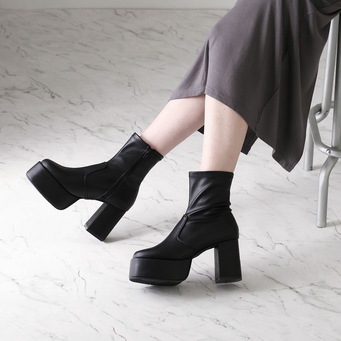 厚底プラットフォームストレッチブーツ ｜靴・レディースシューズの