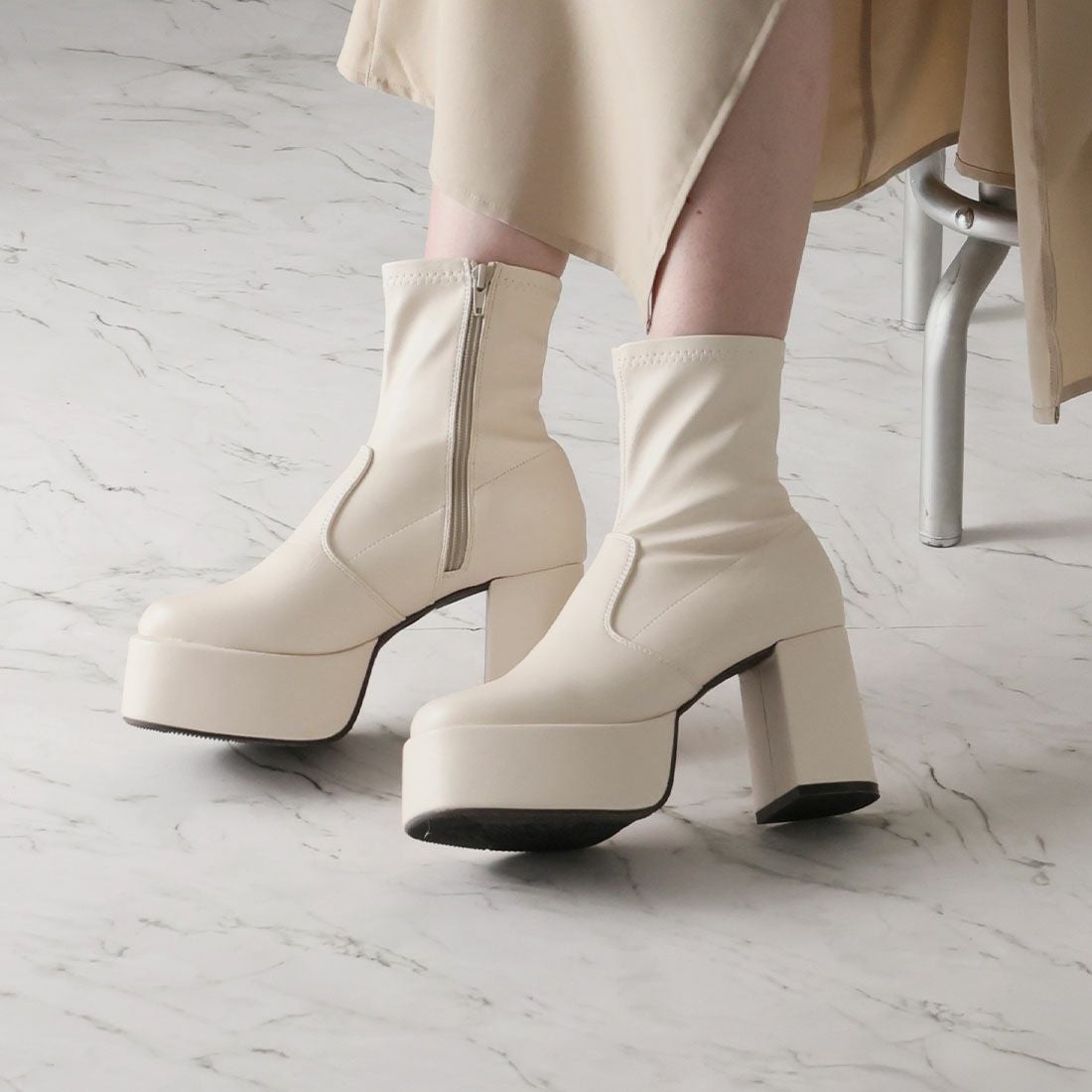 厚底プラットフォームストレッチブーツ ｜靴・レディースシューズの