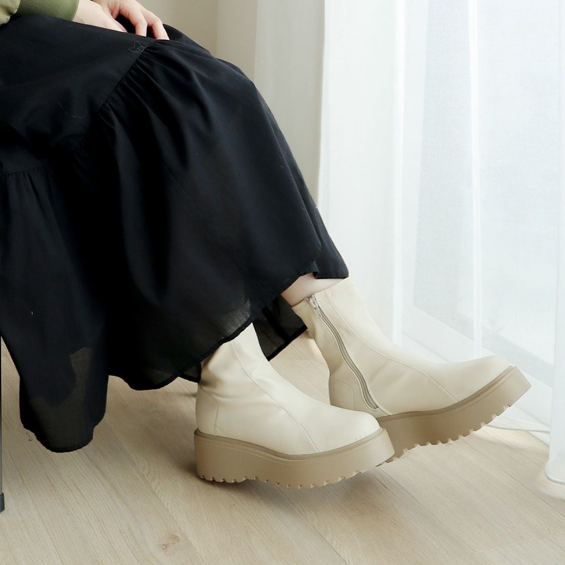 厚底ダブルステッチストレッチショートブーツ ｜靴・レディース