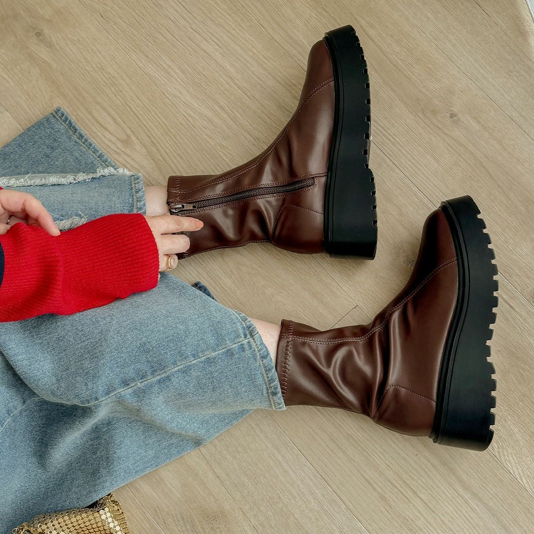 厚底ダブルステッチストレッチショートブーツ ｜靴・レディース