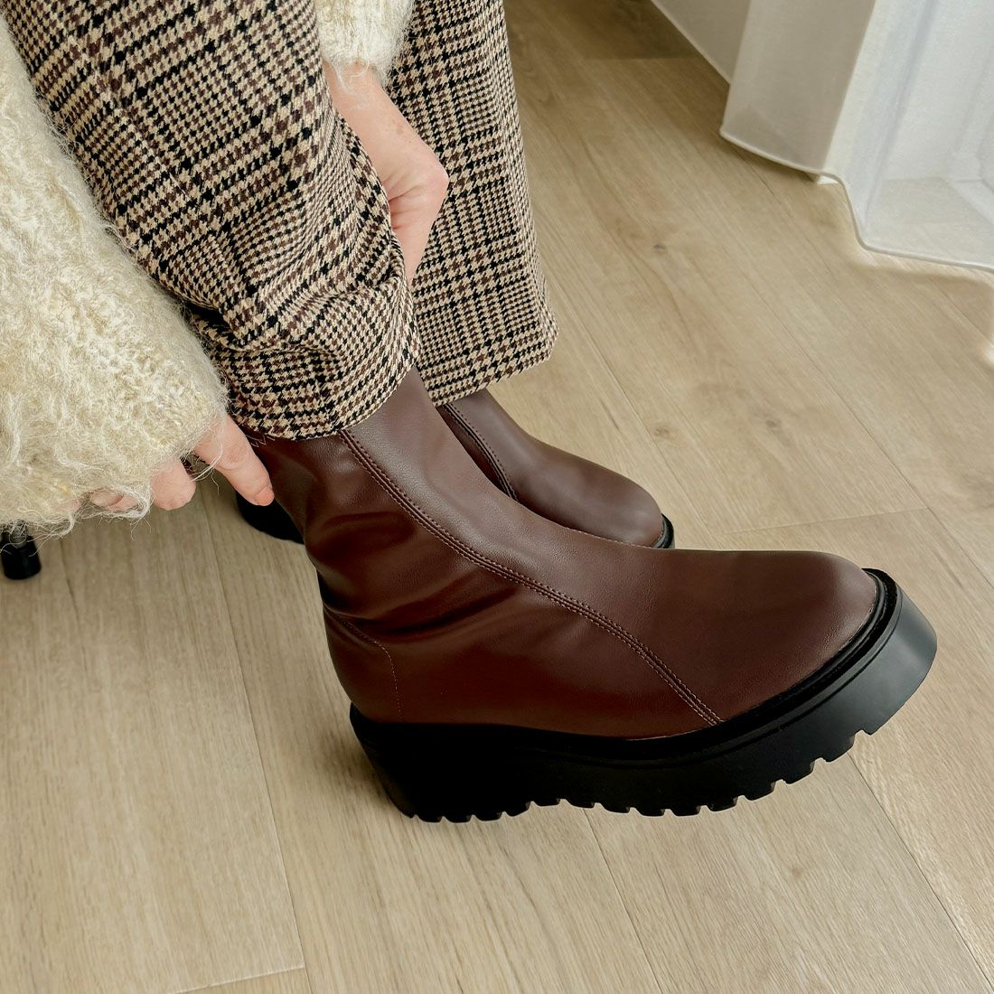 厚底ダブルステッチストレッチショートブーツ ｜靴・レディース