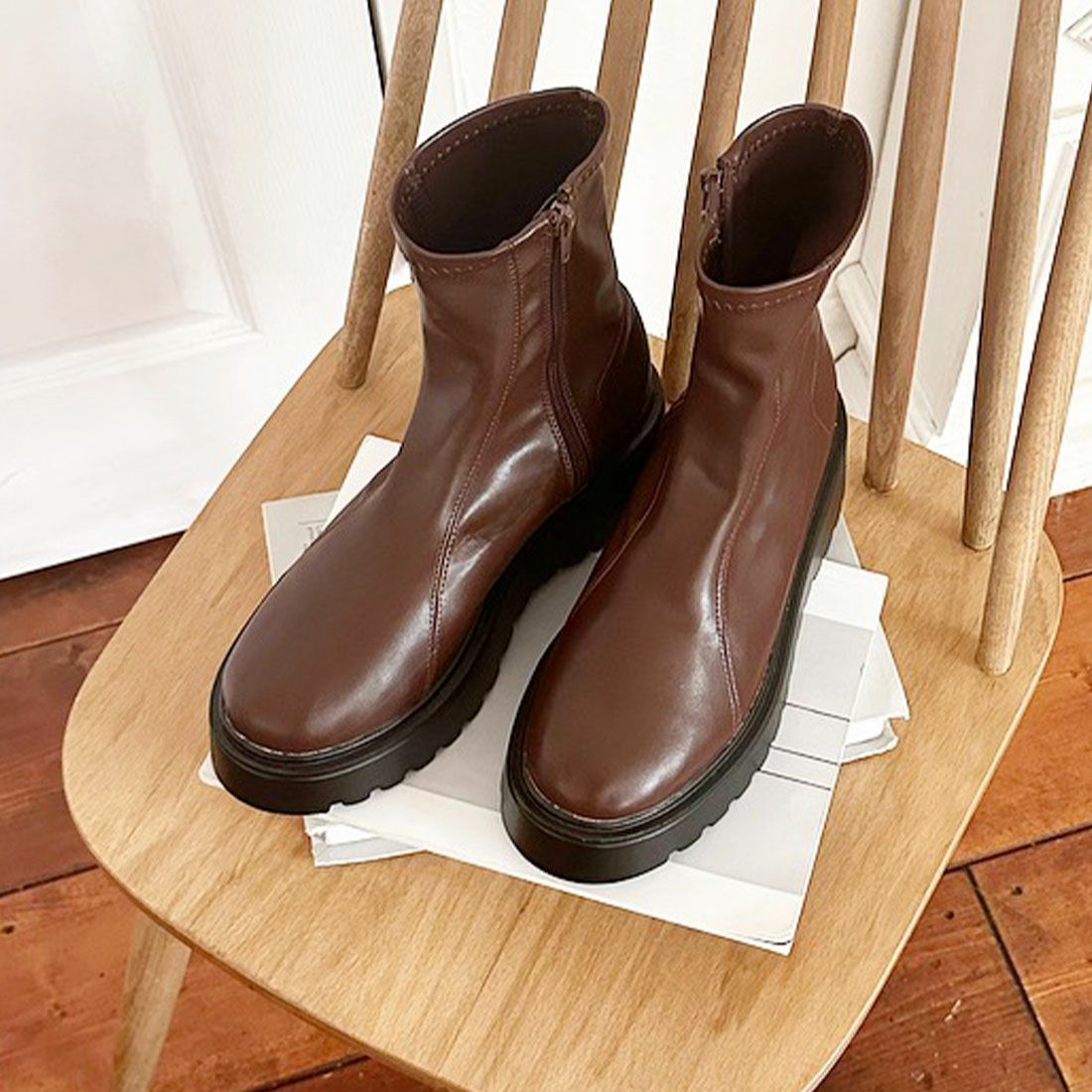 厚底ダブルステッチストレッチショートブーツ ｜靴・レディース