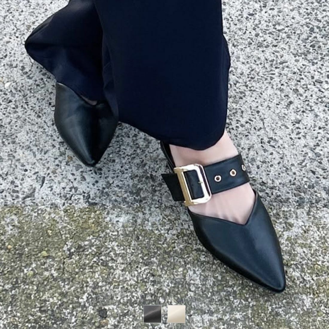 2026年春新色追加】ポインテッドトゥVカットバックルベルトミュール