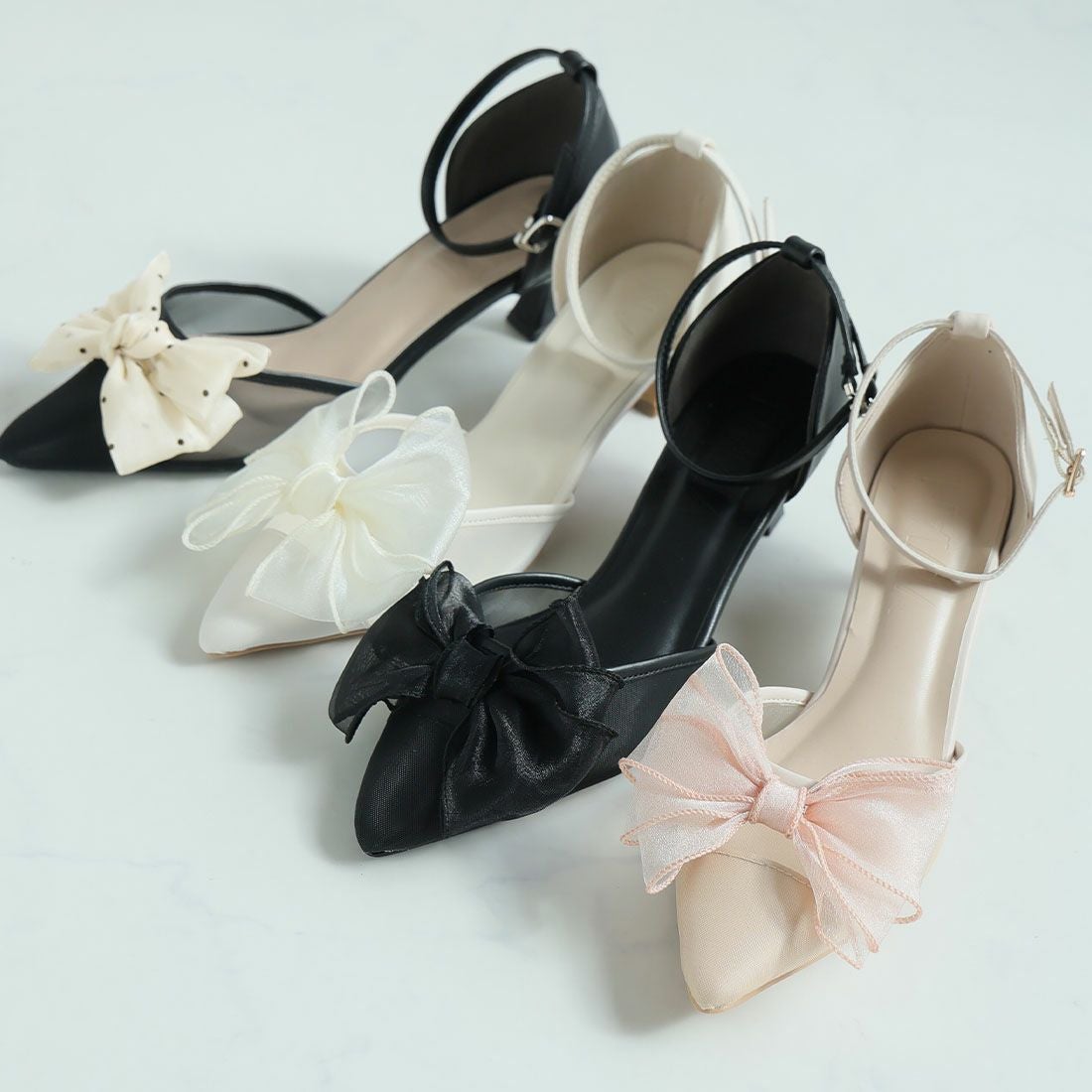 シアーリボンポインテッドトゥセパレートパンプス ｜靴・レディース