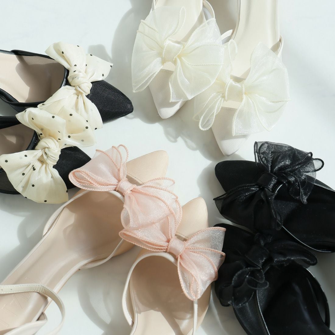 シアーリボンポインテッドトゥセパレートパンプス ｜靴・レディース