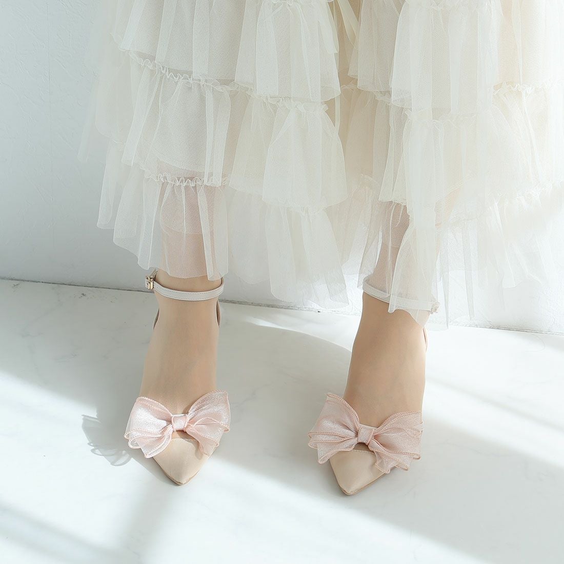 シアーリボンポインテッドトゥセパレートパンプス ｜靴・レディース