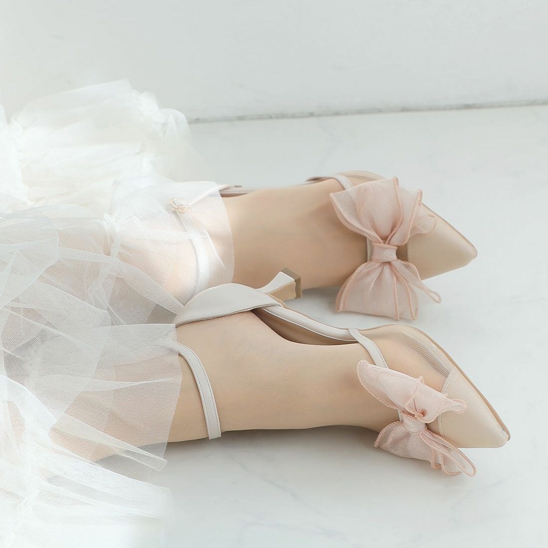 シアーリボンポインテッドトゥセパレートパンプス ｜靴・レディース