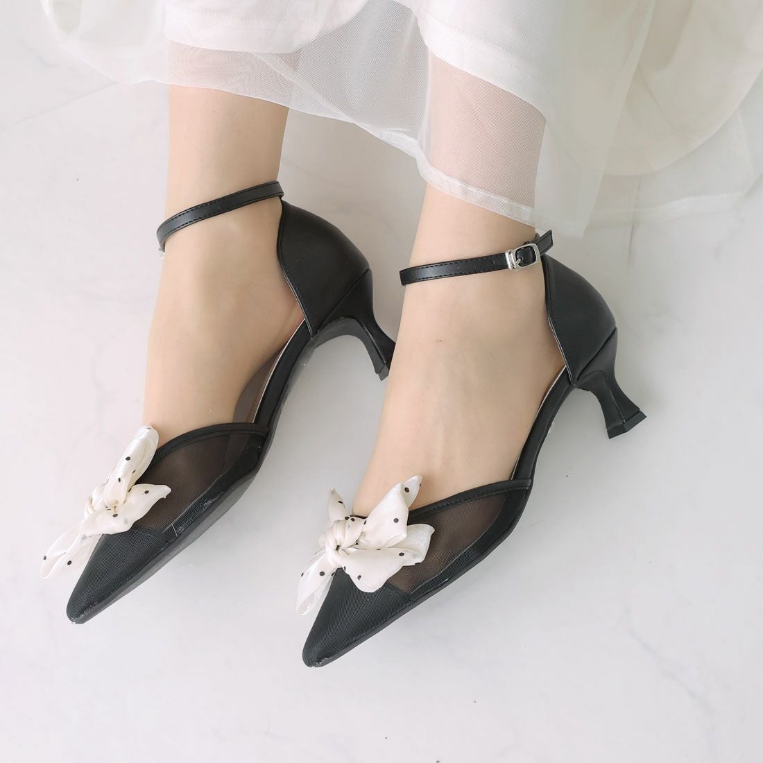 シアーリボンポインテッドトゥセパレートパンプス ｜靴・レディース