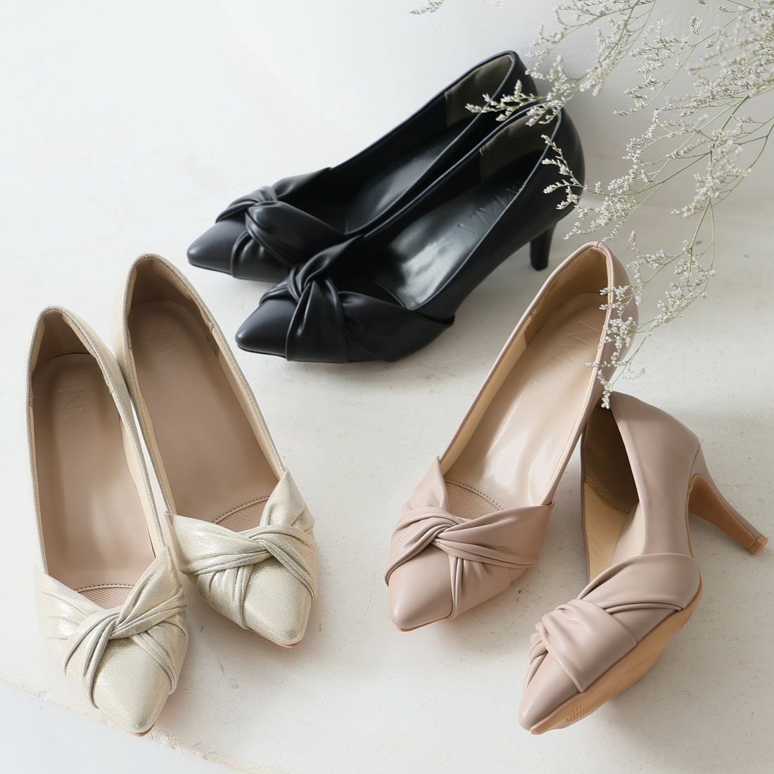 履き心地やみつき感激】ポインテッドトゥターバンリボン7cmヒール感激