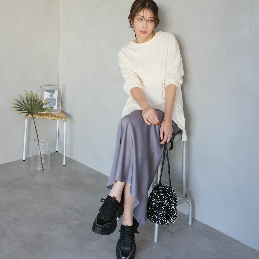 厚底メタリック異素材コンビレースアップスニーカー ｜靴・レディース