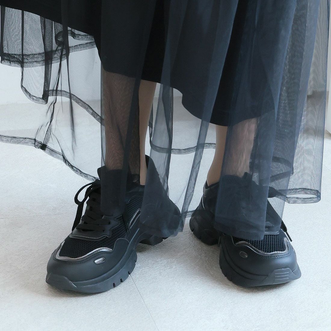 厚底メタリック異素材コンビレースアップスニーカー ｜靴・レディース