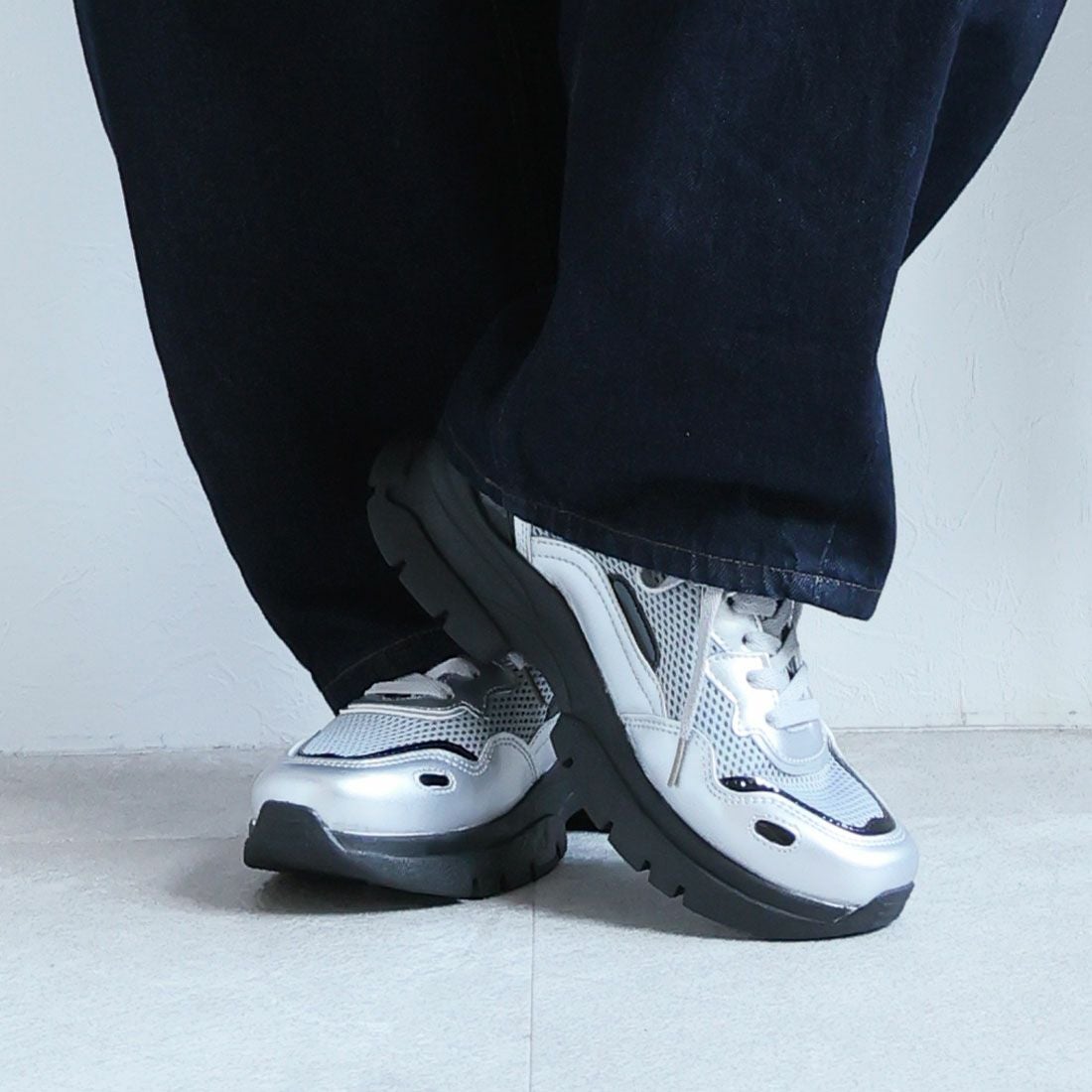 厚底メタリック異素材コンビレースアップスニーカー ｜靴・レディース